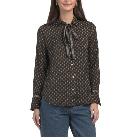 MAX STUDIO LONDON Chocolate Long Sleeve Button Front Blouse With Tie Neck - Picture 1 of 2